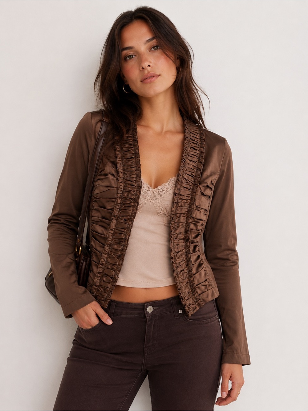 Lucy Paris Chocolate Brown Ruched Eyelet Closure Jacket Cardigan M